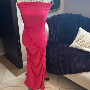 Anthropologie Strapless Hot Pink Ruched Side Maxi Dress